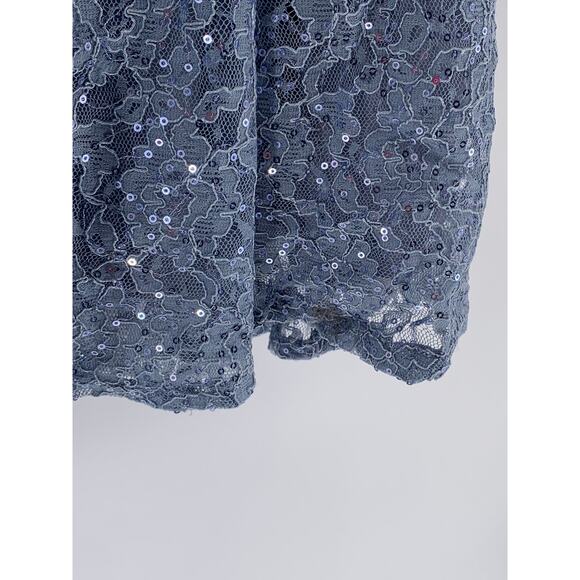 SLNY Women's Blue Sequin Embellished Floral Lace Short Sleeve A-Line Dress SZ 10 - Picture 9 of 11